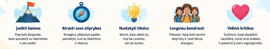 Iliustruotos penkios knygos temos: baimės, stiprybės, tikslai, bendravimas ir vidinis kritikas