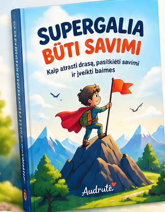 Knygos viršelis – berniukas ant kalno su raudona vėliava